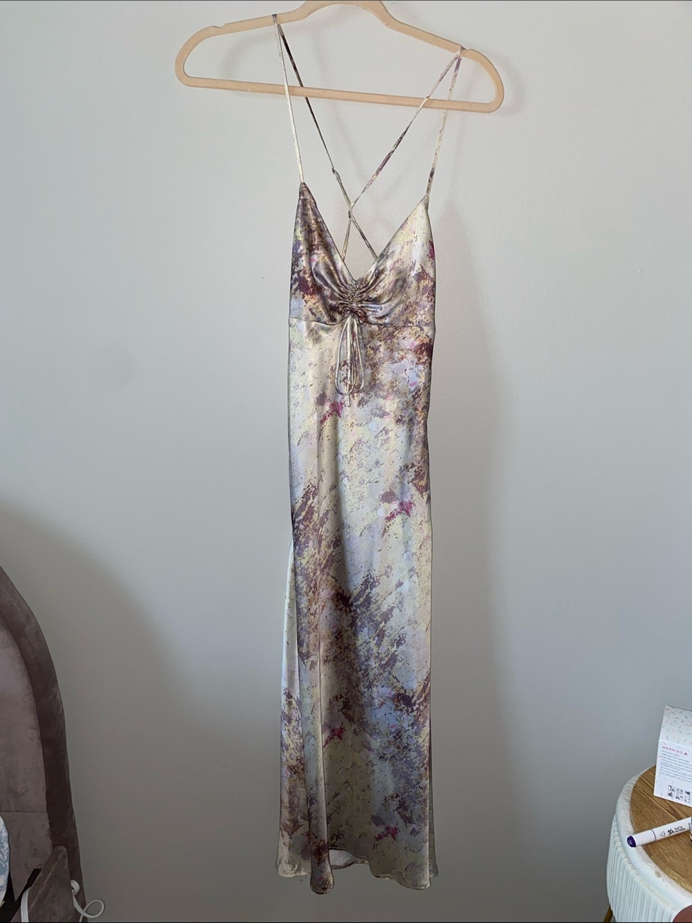 Satin Slip Dress with Floral Watercolor Print - Ivory/Purple